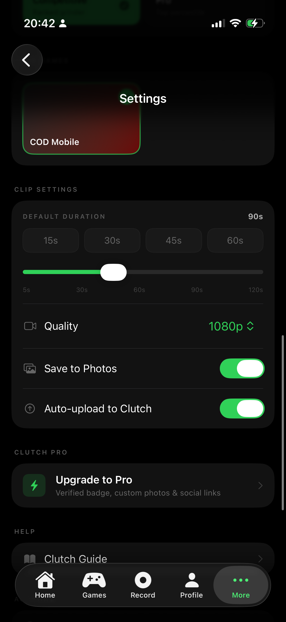 Clutch buffer duration settings