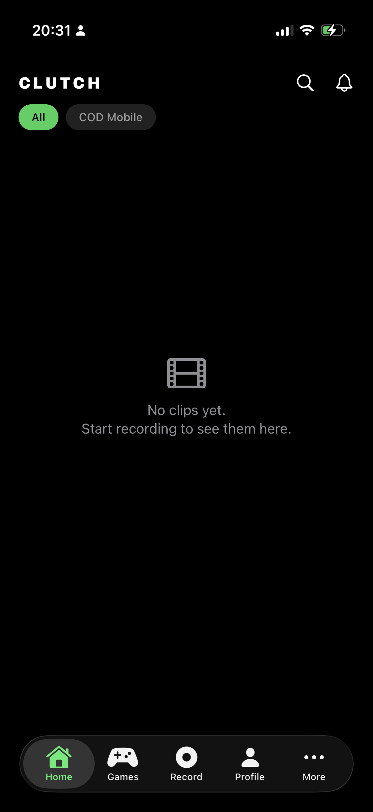 Clutch home screen — record interface